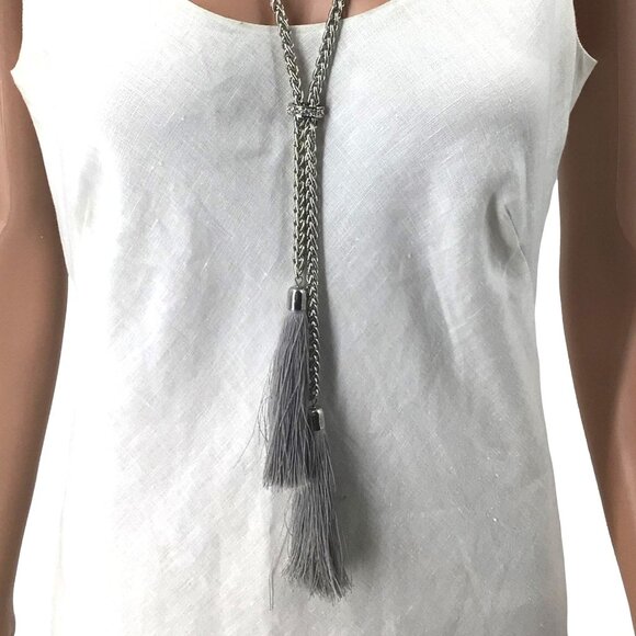 C1946 Tassel Necklace Silver Tone Chain Rhinestone Accent Adjustable Length - Picture 2 of 2